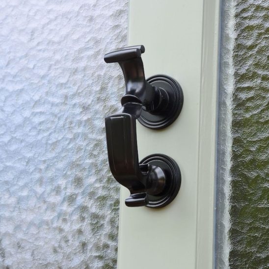 Timber Belbroughton entrance door in Off-White with Doctors door knocker in Matt Black PVD