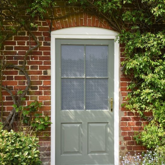 Timber back door with etched glass in Tent Grey