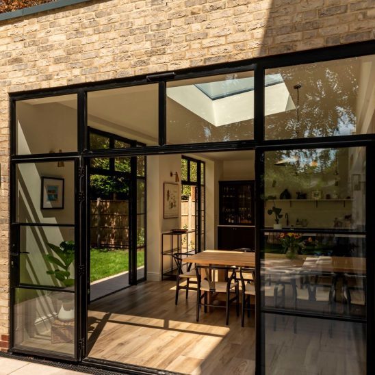 Steel look aluminium slim French doors in black