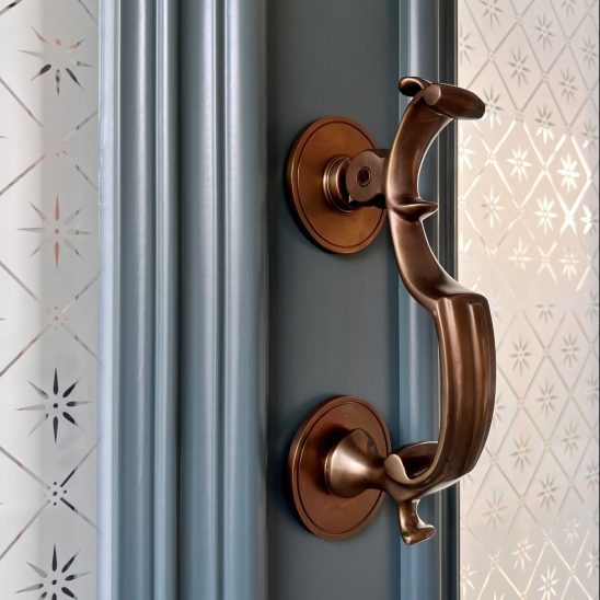 Timber Entrance Door with Etched Glass & Antique Brass Door Knocker