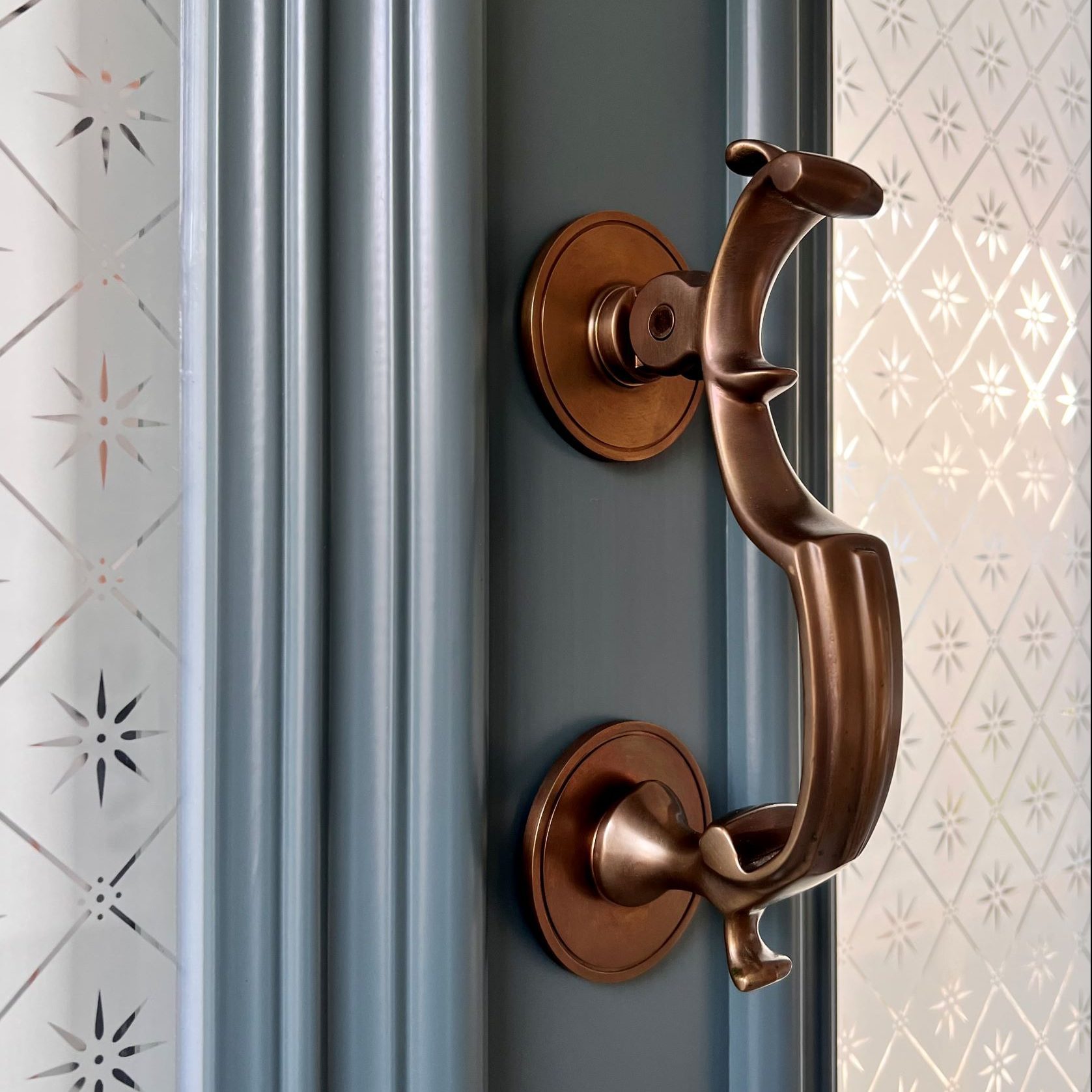 Timber Entrance Door with Etched Glass & Antique Brass Door Knocker
