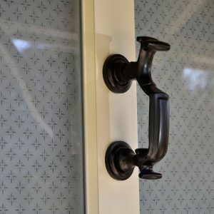 Timber Entrance Door with Obscured Glass & Black Doctors Door Knocker