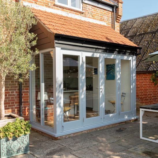 Timber French doors in Window Grey on the outside and pure white on the inside