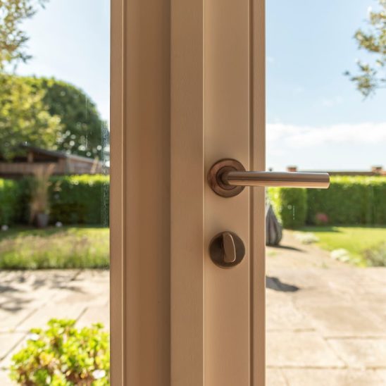 Timber French doors in Window Grey on the outside and pure white on the inside - and Lily the dog :-)