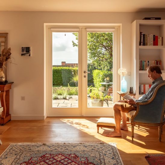Timber French doors in Window Grey on the outside and pure white on the inside