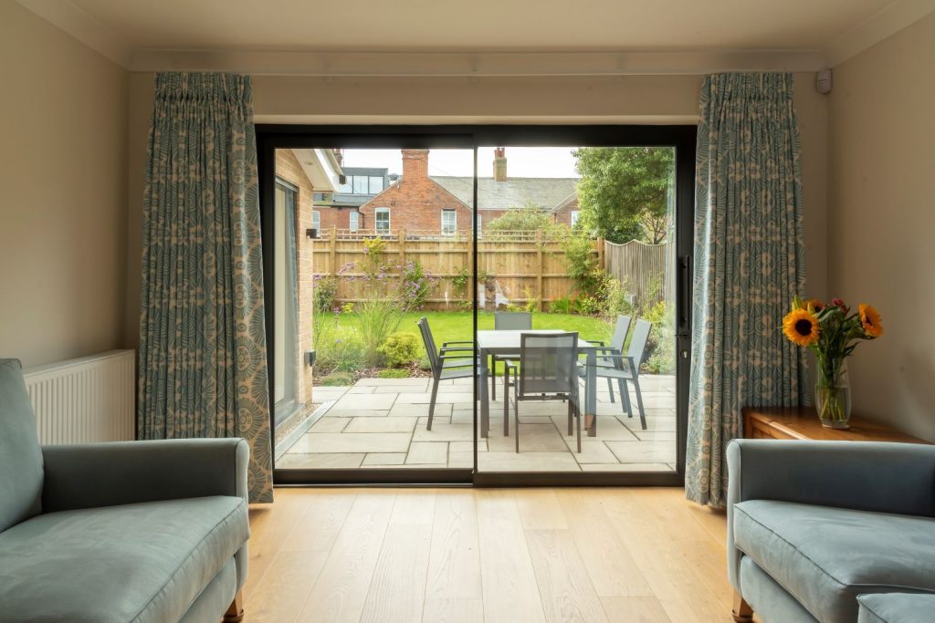 Sunflex black SVG20 aluminium ultra slim sliding doors at Aldeburgh home - closed.