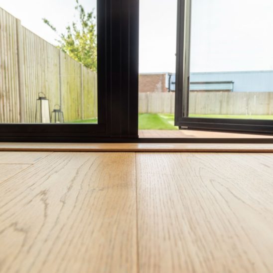Steel look aluminium French doors with low threshold