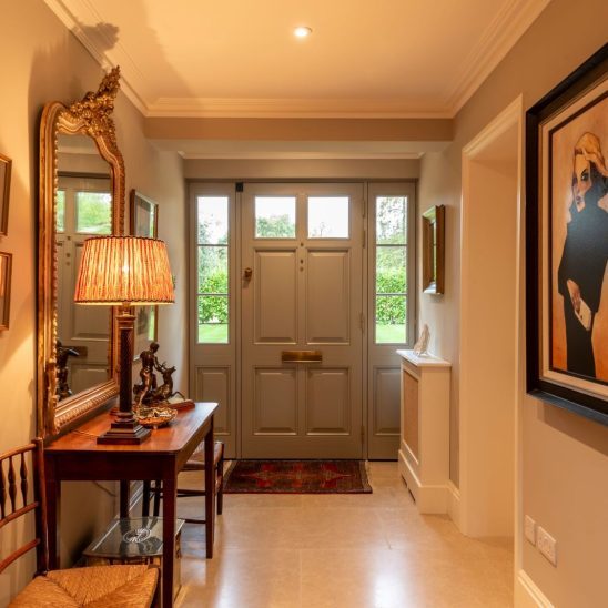 Timber Chalfont townhouse door with side panels, 18mm glazing bars & polished brass furniture