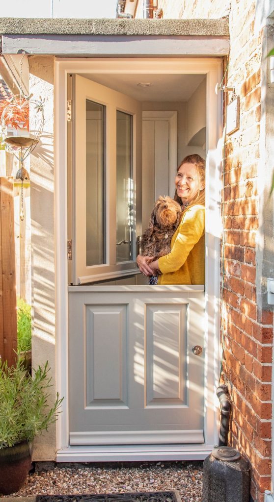 Engineered timber Kingston townhouse stable door in French Grey with 316 Coastal handle.