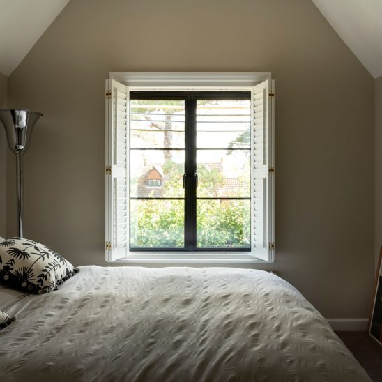 Black heritage, Art Deco aluminium bedroom windows with super slim glazing bars