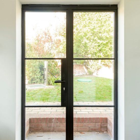 Black heritage, Art Deco aluminium patio doors with floating lock detail and Art Deco handle