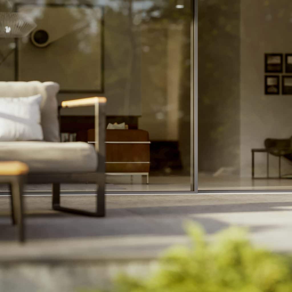 close up view of SF80 sliding doors with garden chair